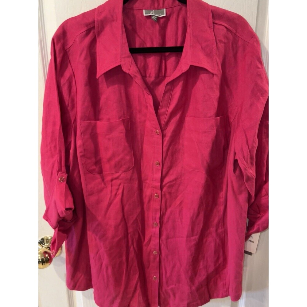 JM Collection Linen Blouse Womens Plus Sz 22W Roll Tab Sleeve Pink Button Up New - Picture 9 of 10